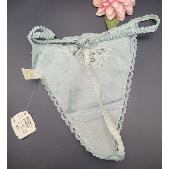 Vtg M/L Victorias Secret Satin T Back / Thong Panties G String Beaded SAGE Green - Picture 3 of 10